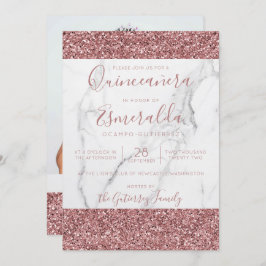 Convite Girly Pink Glitter Marble Quinceanera Foto
