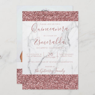 Convite Girly Pink Glitter Marble Quinceanera Foto