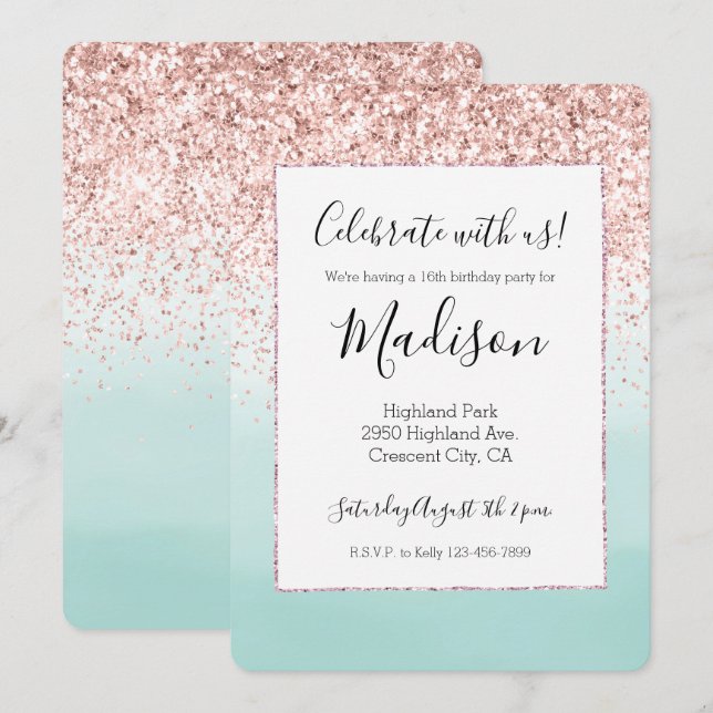 Convite Girly Pink Glitter Mint Ombre Watercolor (Frente/Verso)