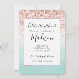 Convite Girly Pink Glitter Mint Ombre Watercolor