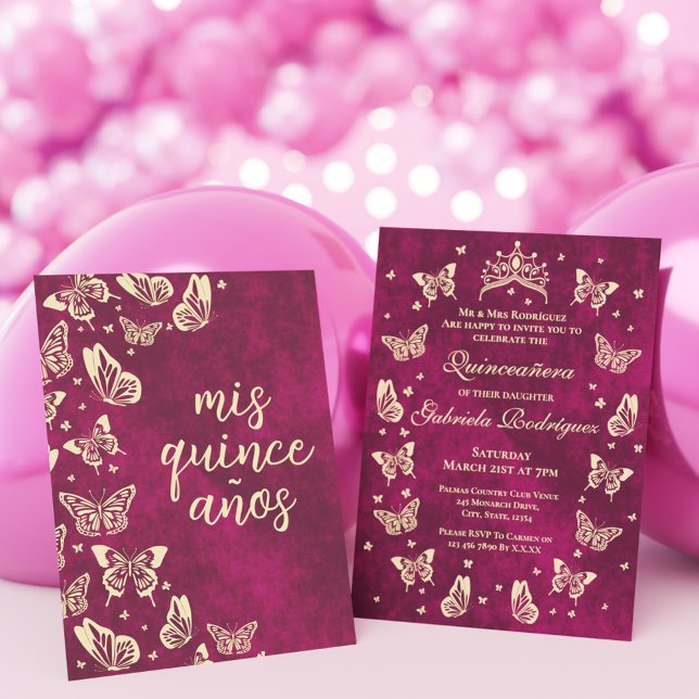 Convite Girly Pink Quinceañera Tiara Butterfly Mis Quince (Girly Pink Quinceañera Tiara Butterfly Mis Quince Invitation)