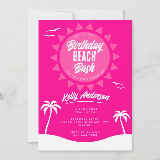 Convite Girly Pink Summer 18th Birthday Beach Party (Frente)