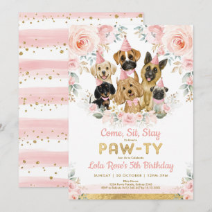 Convite Girly Puppy Dog Festa de aniversário Pink Flores 