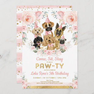 Convite Girly Puppy Dog Festa de aniversário Pink Flores R