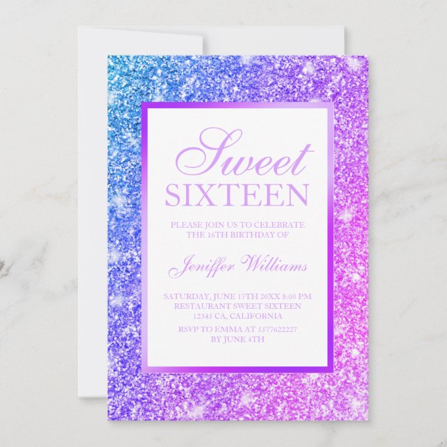 Convite Girly Purple e Pink Glitter Sweet 16 (Frente)
