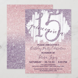 Convite Girly Purple Faux Glitter Ombre Quinceañera