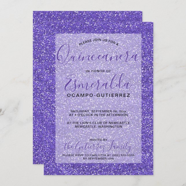 Convite Girly Purple Glitter Quinceanera Aniversário (Frente/Verso)