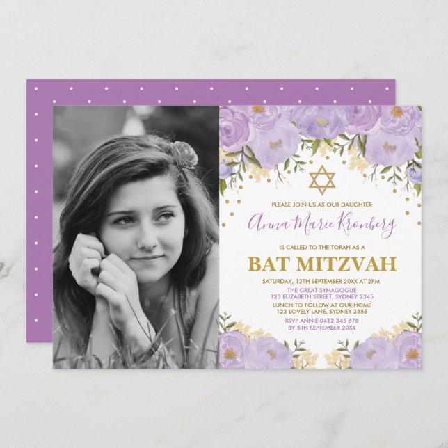 Convite Girly Purple Lavanda Dourada Bat Mitzvah (Frente/Verso)