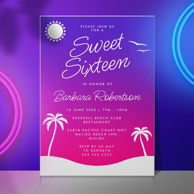 Convite Girly Purple Tropical Sunset Script Sweet Sessenta (Sweet sixteen invitation with sunset and tropical palm trees)