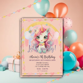 Convite Girly Rainbow Pastel Pink Kawaii Unicorn Aniversár