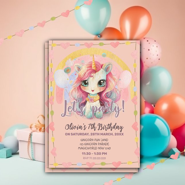 Convite Girly Rainbow Pastel Pink Kawaii Unicorn Aniversár (Criador carregado)