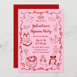 Convite Girly Red Pink Hand Drawn Galentine's Pajama Party