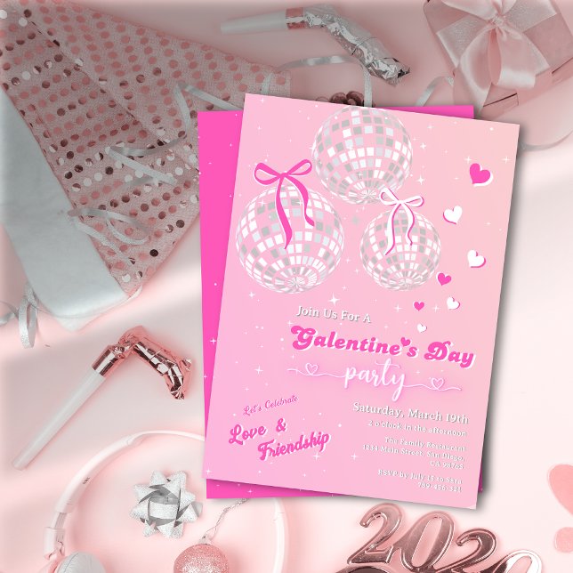Convite Girly Retro Pink Silver Disco Ball Galentine (Girly Retro Pink Silver Disco Ball Galentine's Day Invitation)