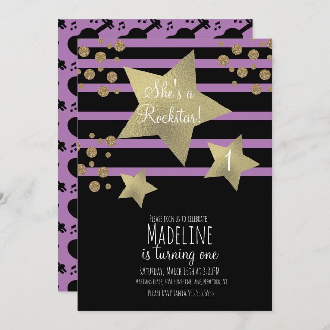 Convite Girly Rockstar Guitar Faux Dourada Star Aniversári (Frente/Verso)