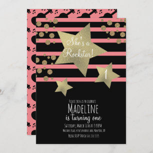 Convite Girly Rockstar Guitar Faux Dourada Star Aniversári