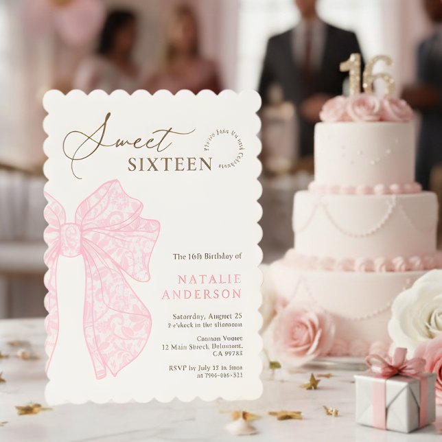 Convite Girly Script Rosa Floral Lace Arco Doce Dezesseis (Girly Script Pink Floral Lace Bow Sweet Sixteen Invitation)