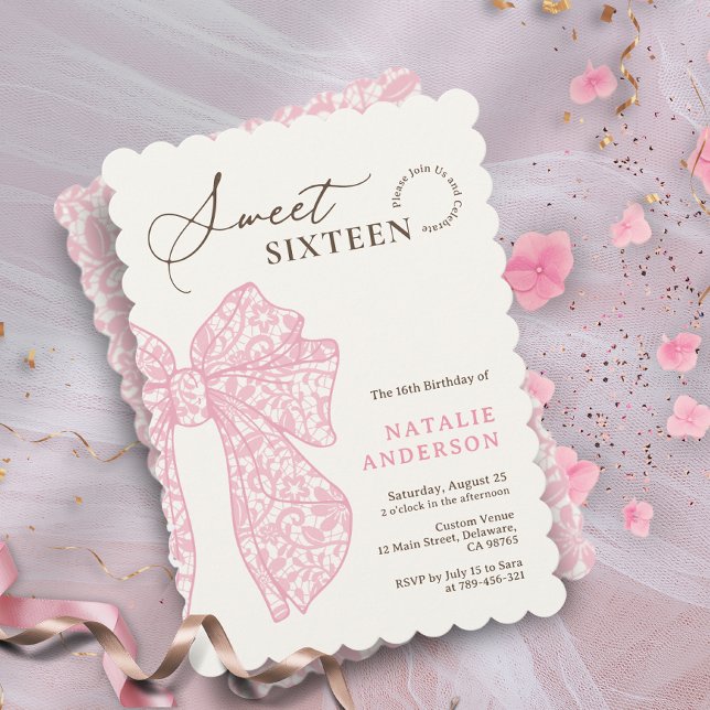 Convite Girly Script Rosa Floral Lace Arco Doce Dezesseis (Girly Script Pink Floral Lace Bow Sweet Sixteen Invitation)