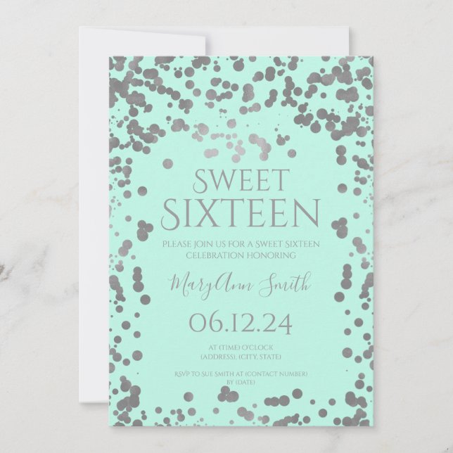 Convite Girly Silver Foil Confetti Doce Dezesseis Mint (Frente)