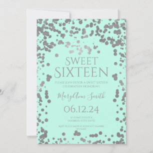 Convite Girly Silver Foil Confetti Doce Dezesseis Mint