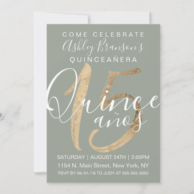 Convite Girly Simple Sage Green Gold Foil Quinceañera (Frente)