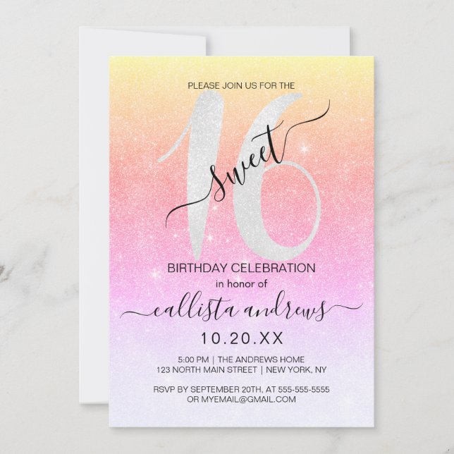 Convite Girly Sparkly Rainbow Glitter Ombre Sweet 16 (Frente)