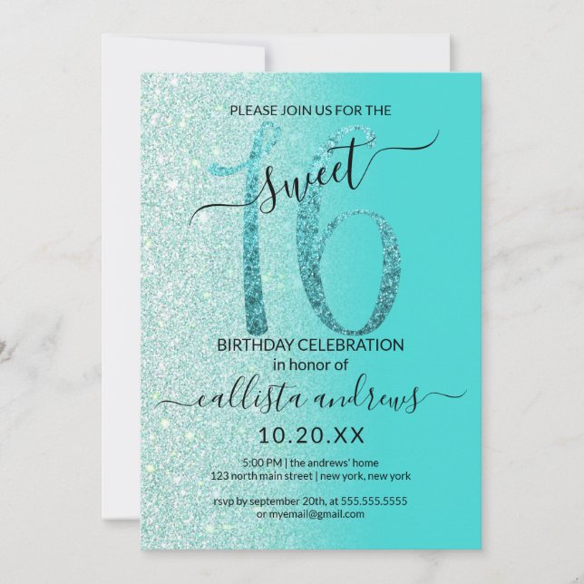 Convite Girly Teal Mint Green Glitter Ombre Sweet 16 (Frente)