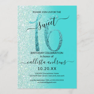 Convite Girly Teal Mint Green Glitter Ombre Sweet 16