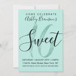 Convite Girly Teal Mint Green Sequin Glitter Sweet 16