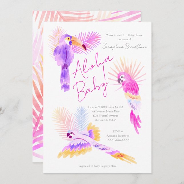 Convite Girly Tropical Parrots Hawaiian Aloha Chá de frald (Frente/Verso)