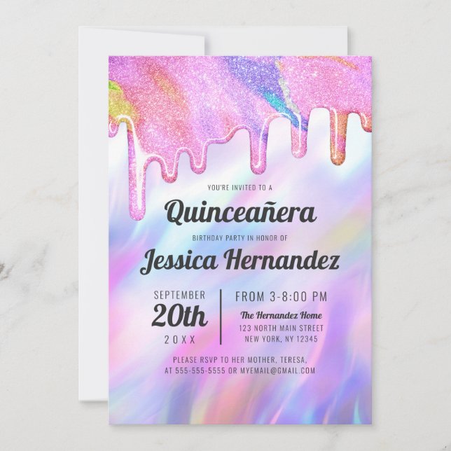Convite Girly Unicorn Holographic Glitter Dripe Quinceañer (Frente)