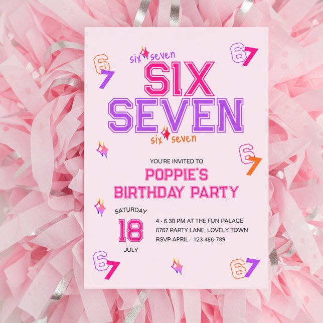 Convite Girly Varsity Pink Purple 6 7 Meme Birthday Party (6 7 girls birthday invitation in pink and purple, with girly varsity typography design)