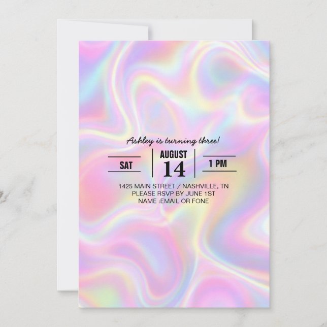 Convite Girly Vibrant Pastel Holographic Swirl Design      (Frente)