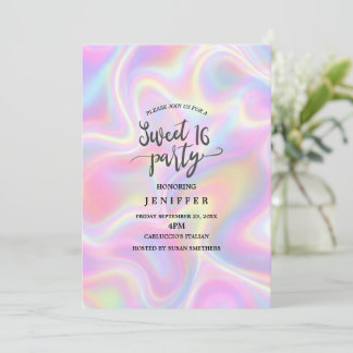 Convite Girly Vibrant Pastel Holographic Swirl Design     