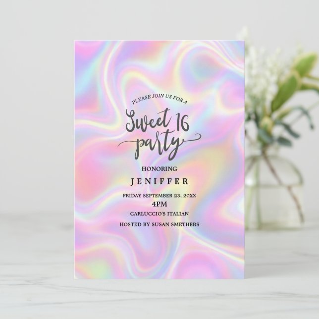 Convite Girly Vibrant Pastel Holographic Swirl Design      (Em pé/Frente)