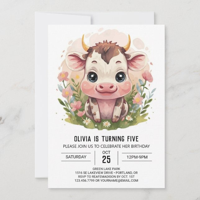 Convite Girly Watercolor Cute Cow Birthday (Frente)