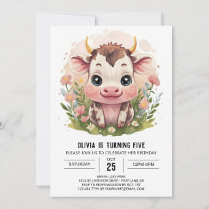Convite Girly Watercolor Cute Cow Birthday