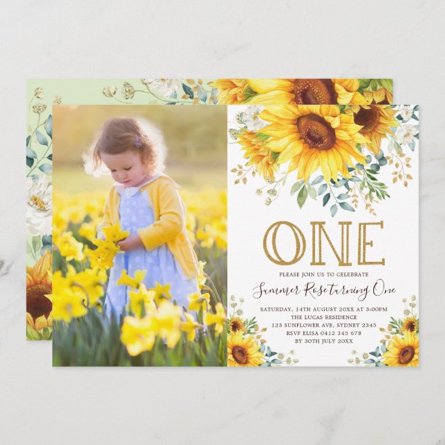 Convite Girly Watercolor Foto de primeiro aniversario de g (Frente/Verso)