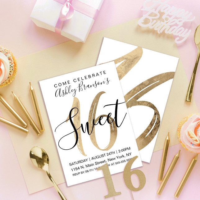 Convite Girly White Faux Gold Foil Sweet 16 (Criador carregado)