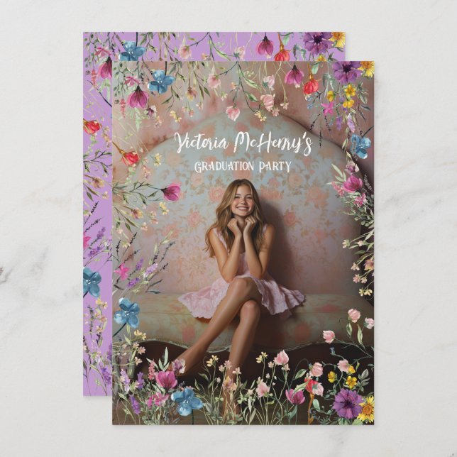 Convite Girly Wildflower Pastel Festa de formatura (Frente/Verso)