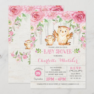 Convite Girly Woodland Owl Floral Chá de fraldas Rosa Invi
