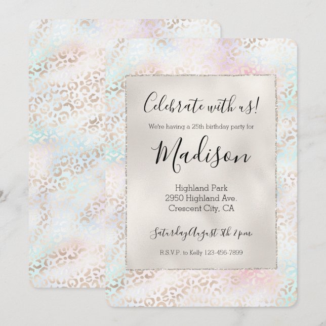 Convite Giry Aqua Blush Pink Dourado Leopard (Frente/Verso)