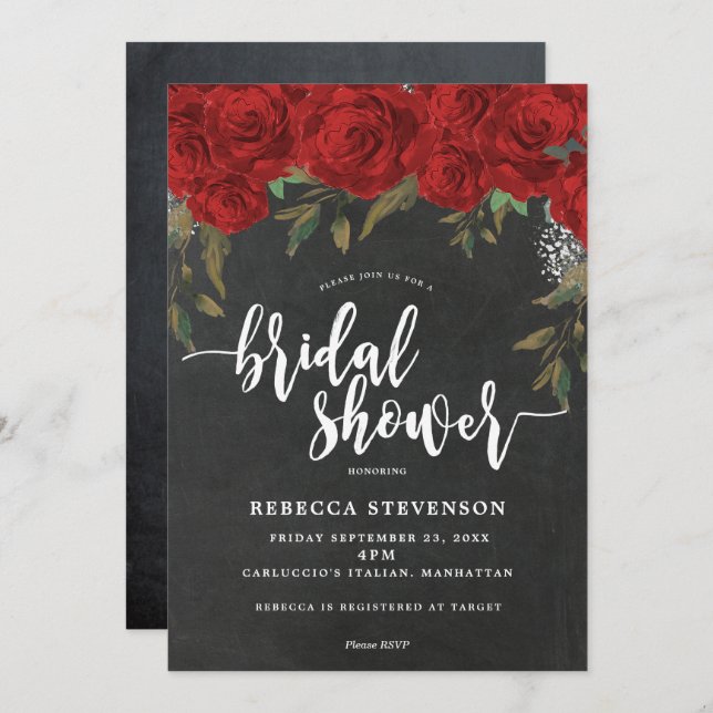 Convite giz de chá de panela floral do rosa vermelha (Frente/Verso)