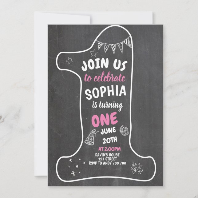 Convite Giz de primeiro aniversario Número Um (Frente)