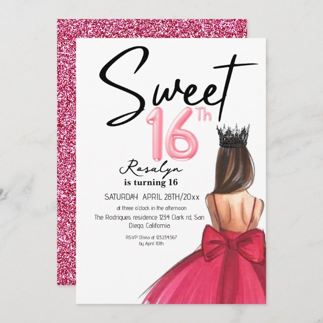 Convite Glam 16 Lux Modern Script Glitter Birthday (Frente/Verso)