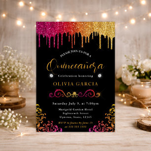 Convite Glam Amarelo e Rosa Gradiente Purpurina Quinceaner