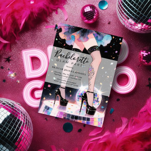 Convite Glam and Funny Go-go Dancing Disco Bachelorette (Glam and Funny Showgirl Dancing Disco Wedding Bachelorette Party Invitations Cards.)