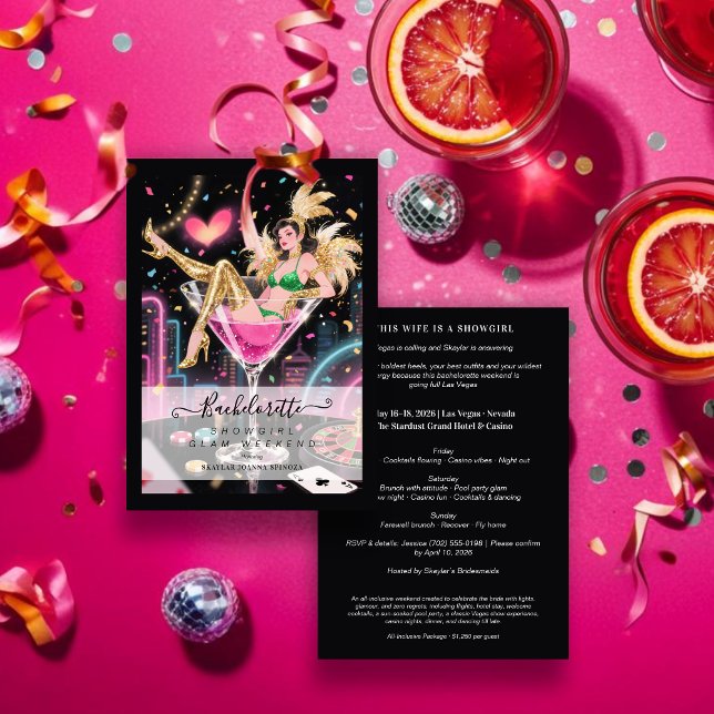 Convite Glam and Funny Showgirl Cocktail Glass Wedding (Glam and Funny Showgirl Inside Cocktail Glass Wedding Bachelorette Weekend Invitations Cards.)
