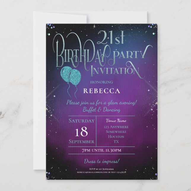 Convite Glam aniversário de 21 anos Decorative Script Purp (Frente)