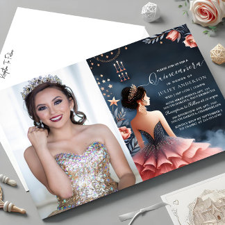 Convite Glam Ball Gown Spark Dark Marinho Quinceanera Azul