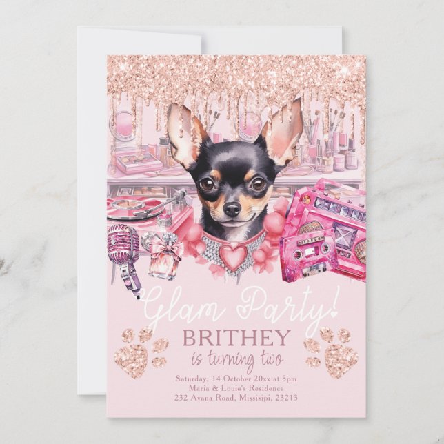 Convite Glam Birthday Elegant Dog Glitter (Frente)